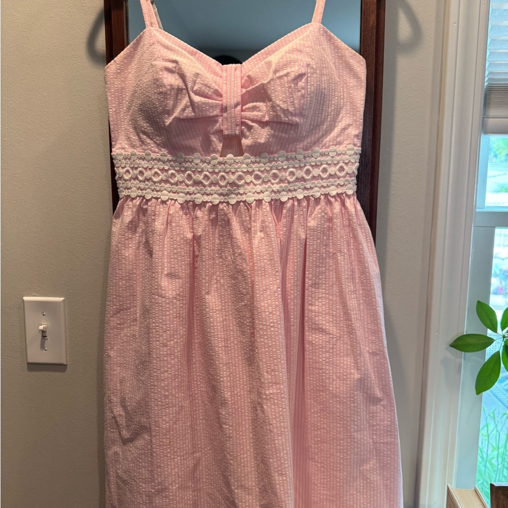 Lilly Pulitzer Pink Seersucker Dress with Lace and Keyhole Detail